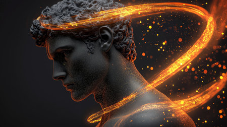 Marble statue wrapped in glowing orange light trails with a futuristic atmosphere.の素材