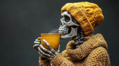 Skeleton in yellow knit hat and sweater holding hot drink.の素材