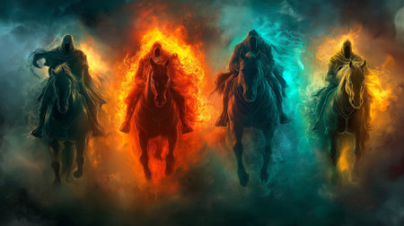 Four horsemen of the Apocalypse riding fiery and icy horses, symbolizing destruction and the end of the world.の素材