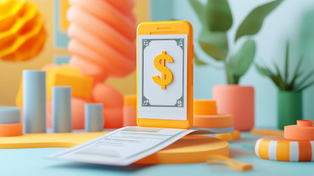 Yellow smartphone with dollar sign on the screen and financial documents.の素材