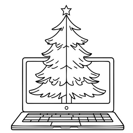 Christmas tree displayed on a laptop screen, representing a virtual celebration in black and white outlineのイラスト素材