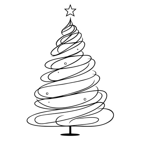 Minimalist Christmas tree with spiral design and a star on top, black and white outlineのイラスト素材