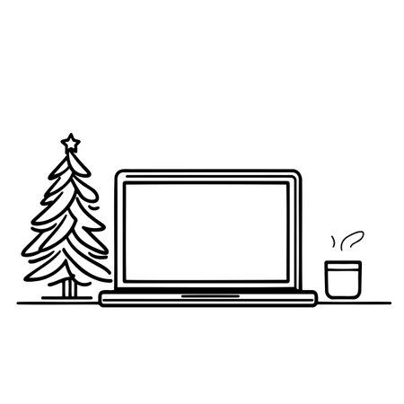 Laptop with Christmas tree decoration and hot drink, creating a cozy holiday workspaceのイラスト素材