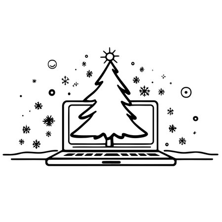 Christmas tree on laptop screen with falling snowflakes for virtual celebrationのイラスト素材