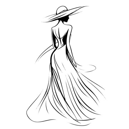 Elegant black and white silhouette of a woman in a long flowing dressのイラスト素材