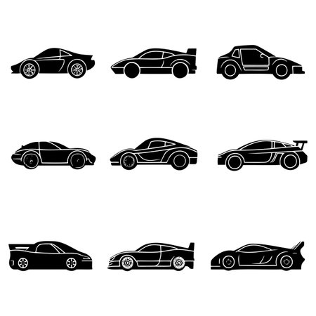Collection of sleek sports car silhouettes in black, showcasing various models with aerodynamic designsのイラスト素材