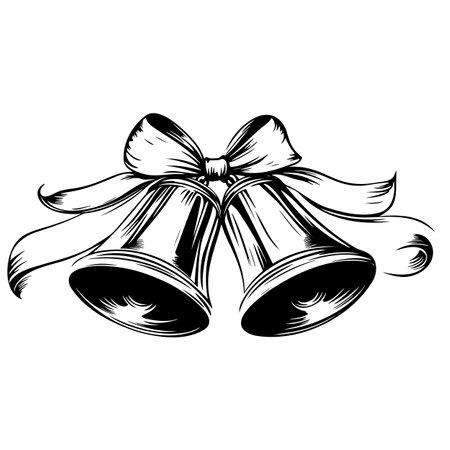 Pair of decorative bells tied with a ribbon, black and white illustration with elegant and festive designのイラスト素材