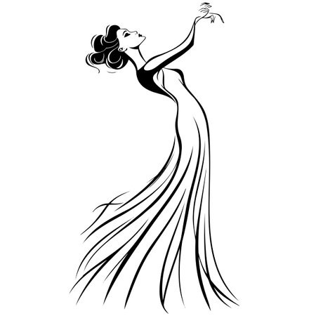 Elegant woman in flowing gown with artistic lines and graceful posture, minimalist black and white illustrationのイラスト素材