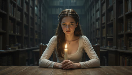 Mysterious young woman holding a candle in a dimly lit library surrounded by bookshelves.の素材