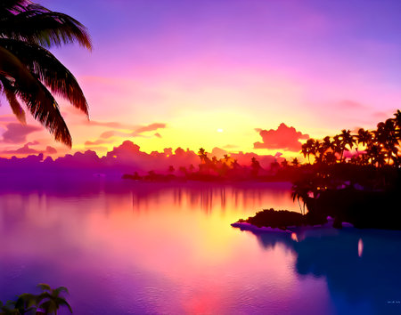 Tropical beach at sunset with palm trees and reflection in waterの写真素材