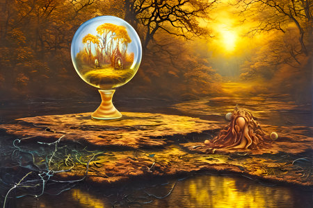 Fantasy landscape with crystal ball and tree. 3D illustration.