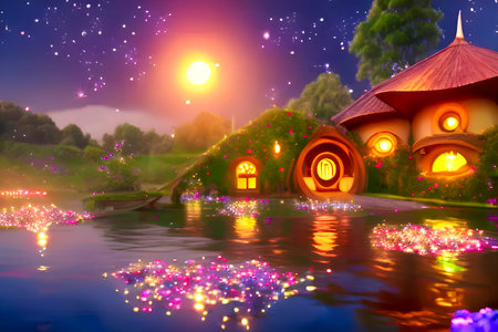 Fantasy house on the river at night. 3D rendering.の写真素材