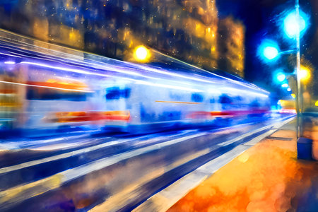 blurred motion of train on the road at night in city.の写真素材