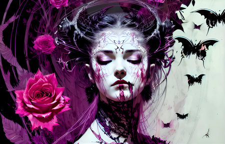 3d illustration of a beautiful woman with creative make-up and red rosesの素材