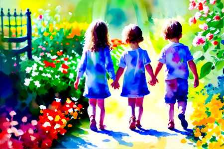 Two little children, boy and girl, walk in the garden.の素材