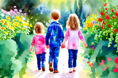 Children walk in the garden. Children with flowers in the summer.の素材