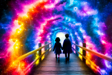 Silhouette of loving couple walking on a wooden bridge with colorful lightsの素材