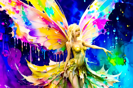 Fantasy portrait of a beautiful fairy with colorful wings. 3d rendering.の素材
