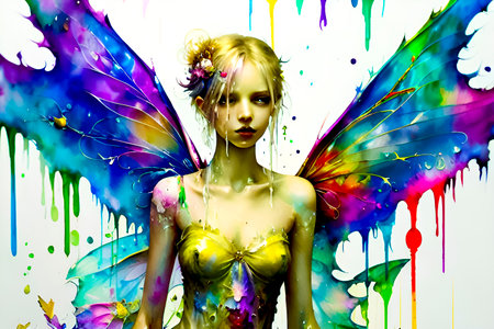 Fantasy fairy girl with colorful wings and splashes. 3d illustration.の素材