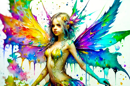 Beautiful fairy girl with colorful wings. Fantasy and fairy tale.の素材