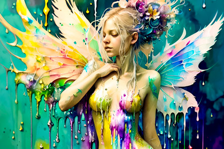 Beautiful young woman with angel wings and colorful paint splashes.の素材