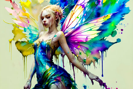 Fantasy fairy girl with wings and colorful paint splashes on her body.の素材