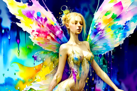 3d rendering of a beautiful fairy with colorful wings on a colorful background.の素材