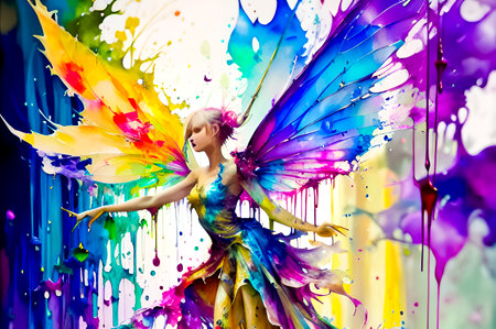 Beautiful girl in a fairy costume with wings and multi-colored splashesの素材