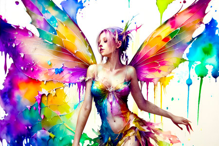 Fantasy woman with wings and colorful paint splashes on white background.の素材