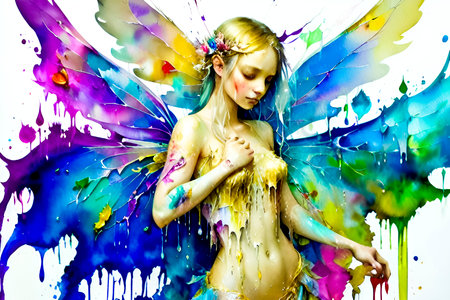 Beautiful young woman with angel wings and colorful paint splashes.の素材