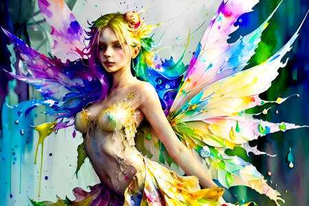 3D Illustration of a Fantasy Girl with Colorful Wings.の素材