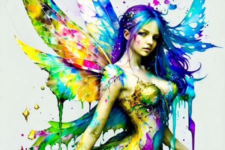 Beautiful girl with multicolored wings on white background. Fantasy.の素材