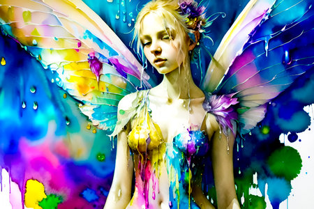 Beautiful fairy with wings and flowers on colorful watercolor background.の素材