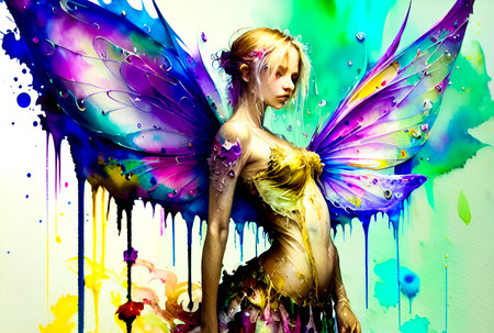 Beautiful fairy with colorful wings on a colorful background. Fantasy.の素材