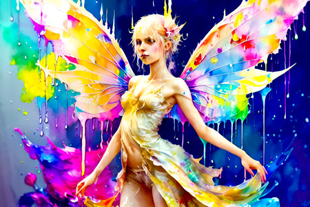 3d rendering of a beautiful fairy girl with multicolored wings.の素材