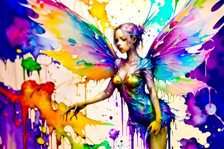 Beautiful fairy with colorful paint splashes on white background. 3d renderingの素材