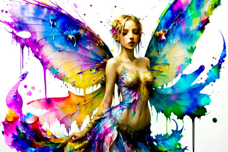 Fantasy image of a beautiful fairy with multicolored wings.の素材