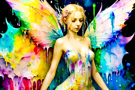 Beautiful fairy girl with wings and colorful paint on her body.の素材