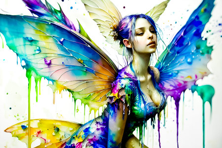 Beautiful young woman with colorful wings and watercolor splashes.の素材