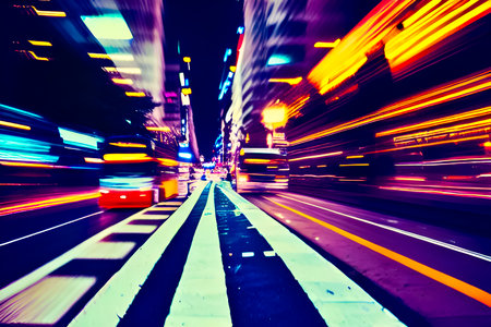 traffic in the city at night,tram in motion blurの写真素材