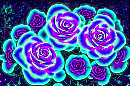 Illustration of beautiful roses in blue and pink colors on black backgroundの写真素材