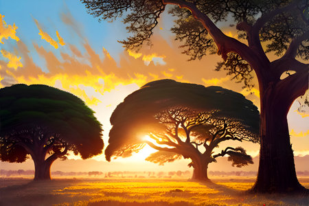 African savannah with acacia trees during sunrise. 3D renderingの写真素材