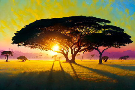 African savannah sunset landscape with trees silhouettes.painting.の写真素材