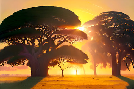 African baobab trees in a foggy field at sunrise.の写真素材