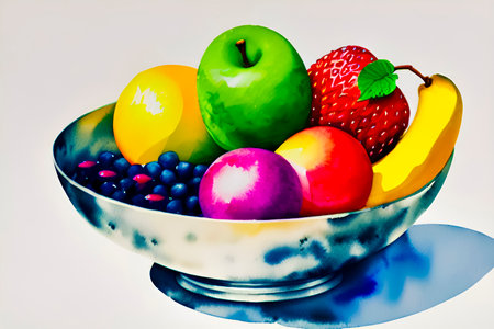 Colorful fruits in a bowl on a white background, close upの素材