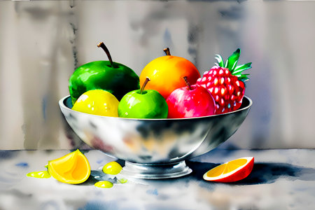 Colorful fruit in a glass bowl on a gray background. Illustrationの素材