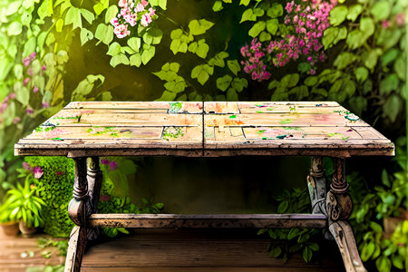 Wooden table in the garden,Vintage style,selective focusの素材