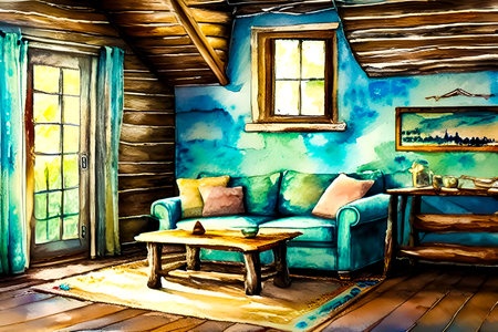 Interior of a small wooden house with a blue sofa and a coffee tableの素材