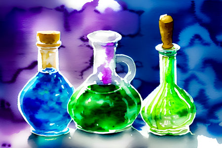 watercolor illustration of a set of bottles with colored liquids on a blue backgroundの素材