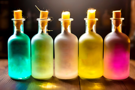 Colorful glass bottles on wooden background. Colorful bottles with candlesの素材